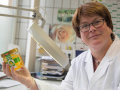 Dr. Ingrid Illies im LWG-Labor mit einem Glas Hong in der Hand das sie unter eine Lupe hält