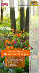 Merkblatt Veitshöchheimer Staudenmischungen für halbschattige und schattige Standorte, Frühjahrsaspekt mit roten Tulpen.