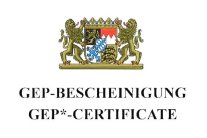 Bayernwappen mit Schriftzug GEP-Bescheinigung und in Englisch