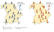 Die Karten zeigen die mittlere Abweichung der einzelnen Waldklimastationen in Bayern zum Mittel der Jahre 1961 bis 1990. Die Werte im November und Dezember 2011 lassen einen trockenen November mit normalen Temperaturen und einen feuchten ziemlich warmen Dezember erkennen.