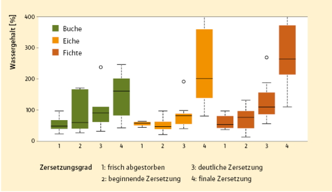 Boxplottdiagramm über den Wassergehalt in Totholz (verschiedener Zersetzungsstadien)