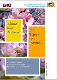 Titelbild der Broschüre Bienengehölze mit verschiedenen Blüten und einer Biene.
