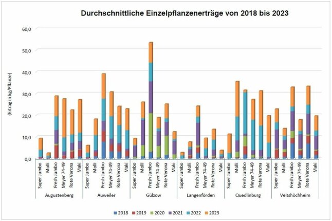 Ertrag in Kilogramm pro Pflanzen als farbigen Drei-D-Säulendiagramm dargestellt.