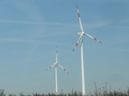 Zwei Windenergieanlagen auf dem Feld unter blauen Himmel, Vordergrund die Büsche