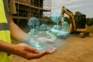 Baustellenbild im Hintergrun ein Haus im Rohbau und eine Bagger. Davor eine Hand mit einem digitalen Plan des Garten. 