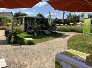 Autoanhänger mit Innenleben eines Stalles und zwei großen Kunststoffkühen