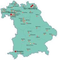Landkarte von Bayern mit den mit Punkten markierten teilnehmenden Städten und Gemeinden