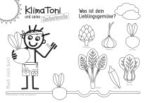 Ausmalbild für Kinder. KlimaToni mir der Zauberknolle (Rote Bete) und die Lieblingsgemüse zum ausmalen.