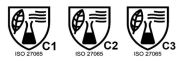 Logo für die DIN-Norm ISO 27065 mit Blatt einer Pflanzen, Erlenmeyerkolben und Luft- oder Wassersymbol sowie C1 - 3