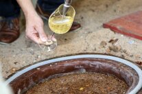 Ein LWG-Mitarbeiter hält ein Weinglas über die im Boden vergrabene Amphore und gießt Wein ein.